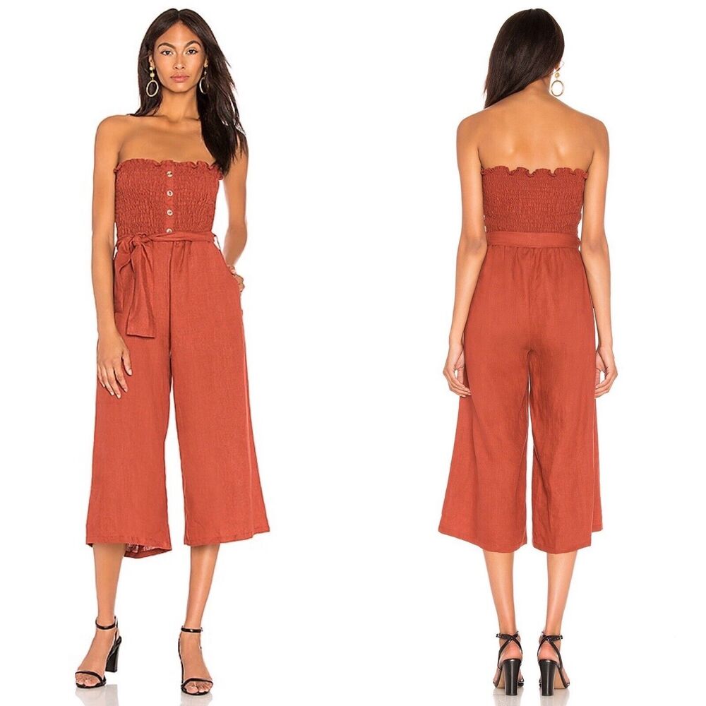Faithfull the Brand Size S 100% Linen Lais Wide Leg Crop Jumpsuit Strapless